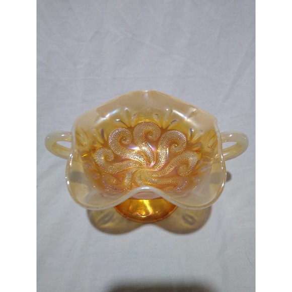 Dugan peach marigold question mark carnival glass footed bon bon with handles - Picture 1 of 7